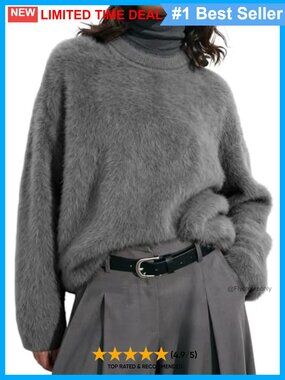 Womens Fuzzy Sweater Crewneck Long Sleeve Pullover Furry Knit Jumper Top